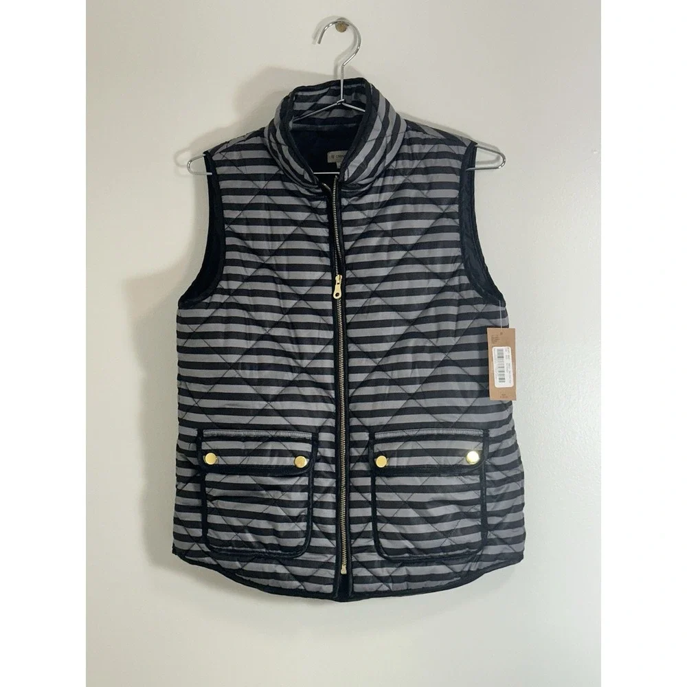 Cremieux 38 Quilted Puffer Vest Sunny Black Gray Stripes Gold Zipper NWT Sz S